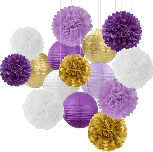 Purple White-Gold Party-Decorations Paper Flowers Lanterns - 15PCS Graduation Lavender Tissue Pom Poms Streamers,Wedding Birthday Bachelorette Baby Shower Classroom Hanging Supplies Decor Hugfond-Ruum Studio Home