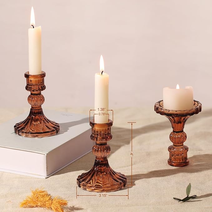12PCS Amber Candlestick Holders Set- 4" H Taper Candle Holders, Glass Candle Holders Bulk for Wedding, Party, Fall Home Table Centerpieces, Festival Gifts & Windowsill Decor-Ruum Studio Home