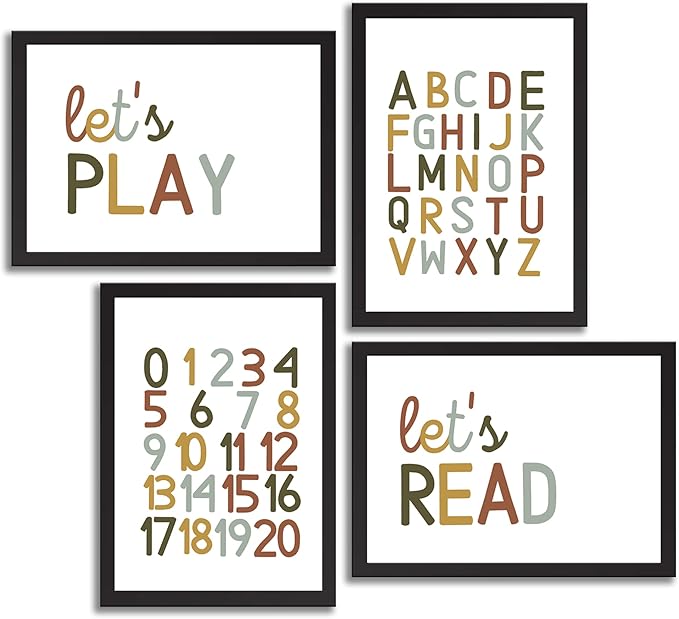 4 Pcs Boho Playroom Canvas Wall Art Nursery Toddler Educational Let's Read Let's Play Painting Pictures Wall Decor Posters Print Artwork for Girl Boy Childs Room Classroom Home Decoration Unframed-Ruum Studio Home