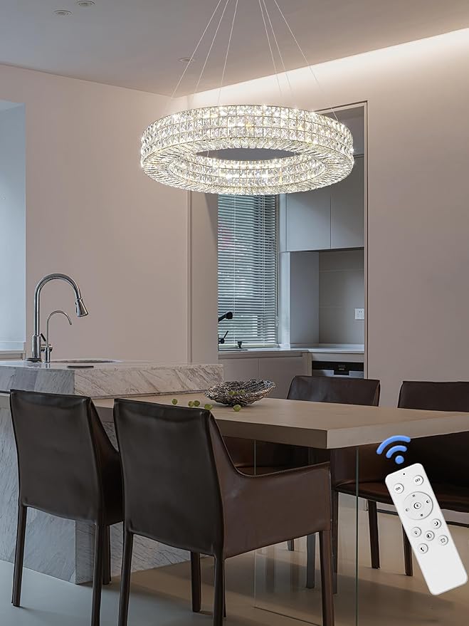 Dia 24" Modern Crystal Chandelier Gold Ring Chandelier Adjustable Height Luxury Crystal Pendant Ceiling Light Fixture for Dining Living Room Bedroom-Ruum Studio Home