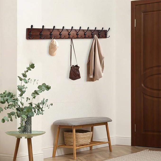 38.6'' Large Coat Rack Wall Mount Coat Hooks Coat Hanger with 10 Metal Black Triple- Hooks Brown Pine Real Wood Plank Hat Rack for Wall Hooks for Hanging Coat Hat Jacket-Ruum Studio Home