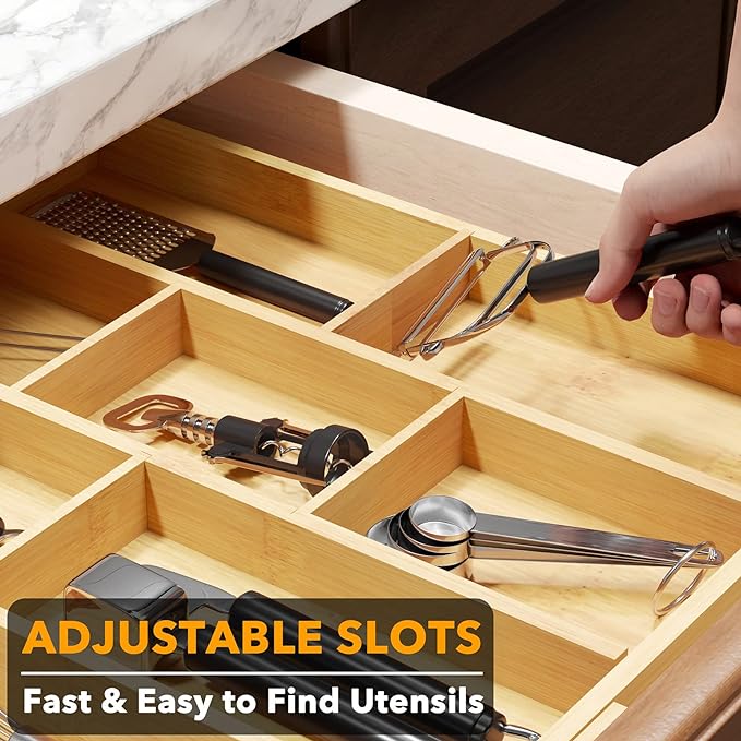 SpaceAid Bamboo Utensil Drawer Organizer with Labels, Kitchen Silverware Expandable Tray Holder Organizer for Flatware, Cutlery, Spoon and Knives Drawer Storage Organization (Natural)-Ruum Studio Home