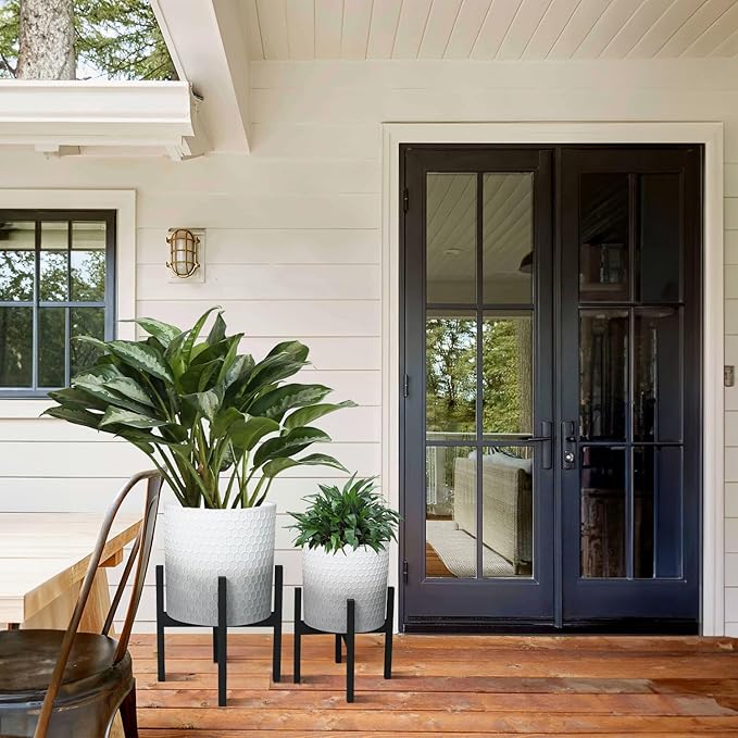 10 & 12 Inches Planters with Metal Sand for Indoor Plants Set of 2,Decorative Plant Pots with Holder, Outdoor Flower Pots with Legs, Modern Garden Pot with Drainage Holes for Snake Plant, House plants-Ruum Studio Home