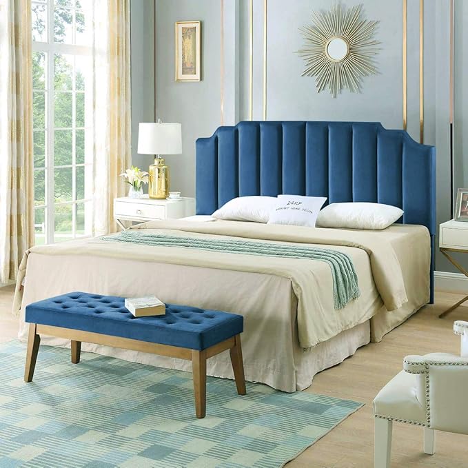 24KF Navy Blue Velvet Tufted King Upholstered Headboard, Modern Vertical Channel Design California King Headboard with Stepped Silhouette Top Edge, Navy Blue-Ruum Studio Home
