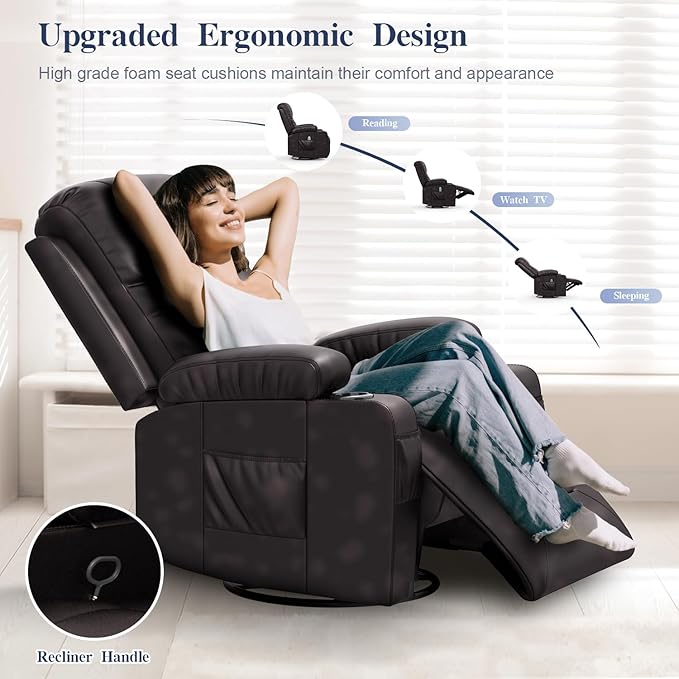 Recliner Chairs for Adults, FSC Certified Massage Rocker with Heated Modern Ergonomic Lounge 360 Degree Swivel Single Sofa Seat Living Room Lounge Recliners Brown-Ruum Studio Home
