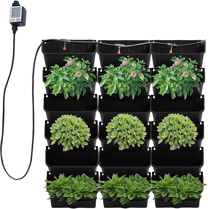 18 Pots Self-Watering Vertical Wall Planter, 39.4”L x 39.4”H Stackable Plastic Wall-Mounted Plant Grow Pots, Wall Hang Garden Planter Outdoor Indoor for Herbs Flowers Strawberries (Black)-Ruum Studio Home