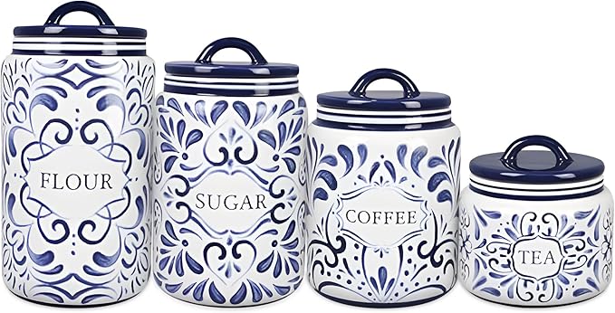 Young's Inc. 4 Pcs Set Talavera Ceramic Canisters- Storage Container for Kitchen and Bathroom - Beautiful Home Decor Accent to Store Food, Coffee, Tea, and More - White, Blue-Ruum Studio Home