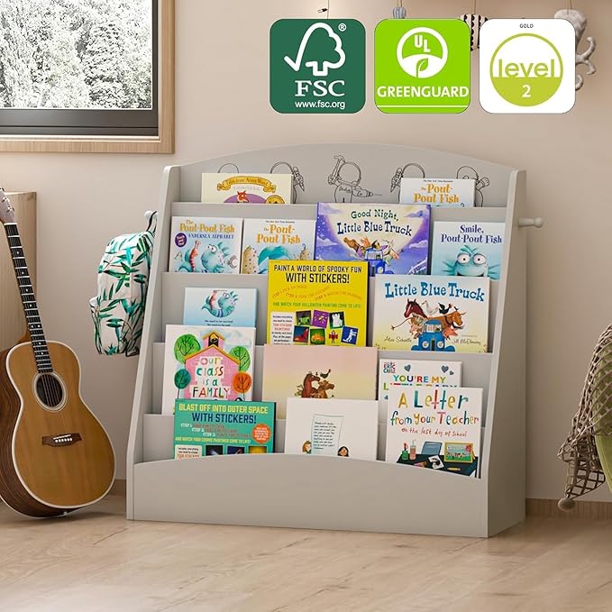 5-Tier Kids Bookshelf Montessori Toddler Book Rack Baby Bookcase Floor Front Facing Magazine Display Shelf for Bedroom Playroom Nursery Classroom Kindergarten Wood (Gray)-Ruum Studio Home