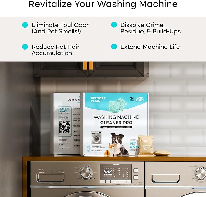 Uproot Clean Washing Machine Cleaner Tablets - 24 Pack for a 12 Month Supply. Formulated for Pet Owners. Compatible with HE, Top & Front Load. Easily Removes Residue, Grime, and Odors. Septic Safe.-Ruum Studio Home