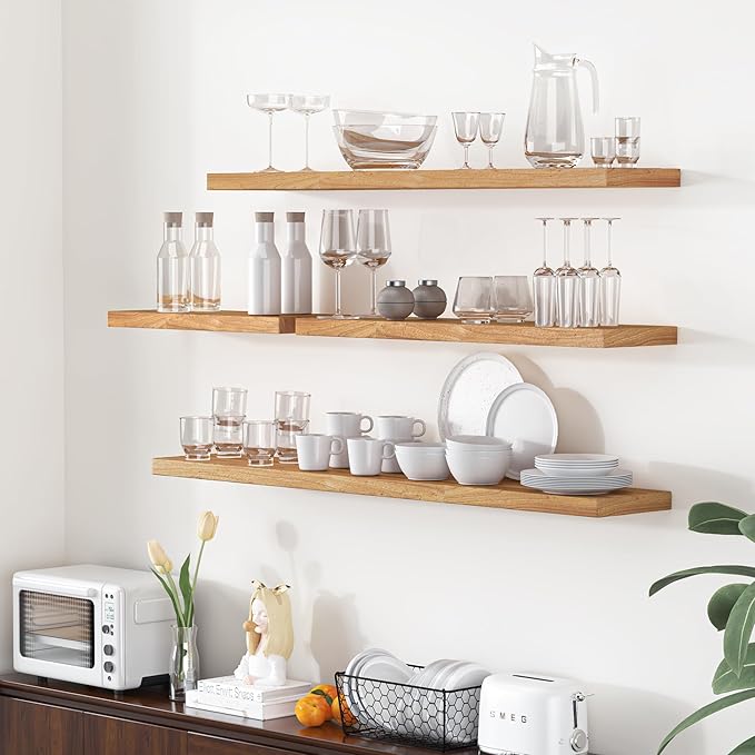 Fun Memories Floating Shelves for Wall, 55"x9.3" Rustic Solid Elm Wood Shelves, Heavy-Duty Wall Mounted Shelves with Invisible Brackets for Living Room, Bedroom, Kitchen, Natural Finish-Ruum Studio Home