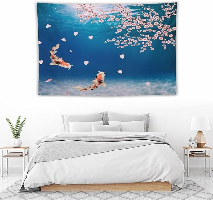 Japanese Koi Fish Tapestry, Cherry Blossoms Asian Oriental Blue Floral Branch Koi Fish Carp Tapestries Wall Hanging for Bedroom Living Room Office Decor 90"x60"-Ruum Studio Home