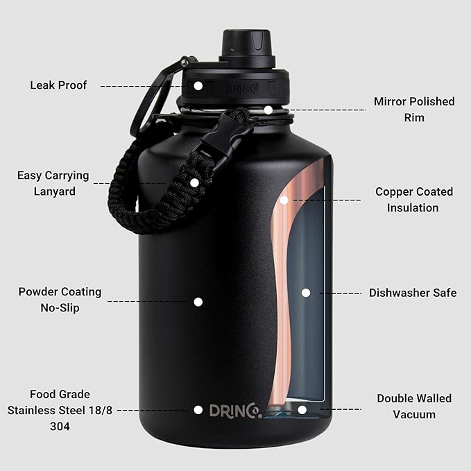 DRINCO Stainless Steel Water Bottle Spout Lid Vacuum Insulated Double Wall Water Bottles Wide Mouth (64oz 40oz 32oz 22oz 18oz 14oz) Leak Proof Keep Cold Sport Camping Hiking-Ruum Studio Home