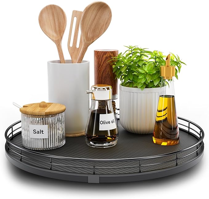 13" Lazy Susan Turntable Organizer for Table Top, Round Wooden Lazy Susan for Cabinet Kitchen Decor Centerpieces Coffee Table, Storage Condiments Spices, Bathroom Vanity Tray for Soap, Black-Ruum Studio Home