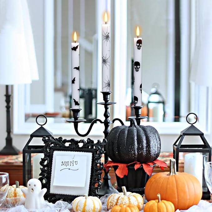 GenSwin Flameless Taper Candles with Remote Timer, 6Pcs LED Flickering Taper Candles Battery Operated Real Wax with Spider Webs/Skull/Bats Decals for Halloween Spooky Decoration (White, 0.78”x9.65”)-Ruum Studio Home