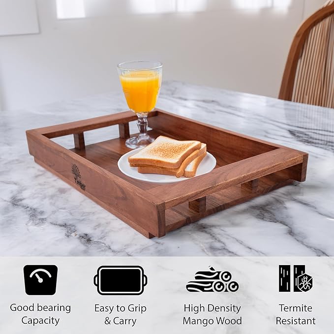 Acacia Wood Serving Tray with Handles – 15x10x2 Inch Decorative Tray for Breakfast in Bed, Dinner, Appetizers, Coffee Table, BBQ, Patio & Party – Perfect for Lap & Couch Use-Ruum Studio Home