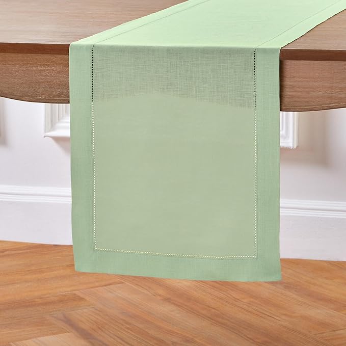 Solino Home Linen Light Green Hemstitch Table Runner 36 Inches - 100% Pure Linen Small Table Runner 14 x 36 Inch Ideal for Dresser and Coffee Tables - Classic Hemstitch-Ruum Studio Home