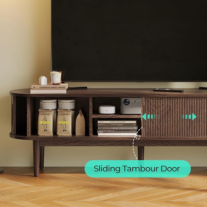 LINSY HOME Fluted TV Stand for 75" TV, Mid-Century Modern 70" Entertainment Center with Sliding Tambour Door and Storage Cabinet, Cruved TV Media Console Table for Living Room, Bedroom, Walnut-Ruum Studio Home