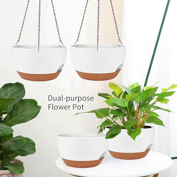 2 Pack Hanging Planters for Indoor Outdoor Plants, 12 Inch Self Watering Hanging Pot with Drainage Holes and Saucer, Plastic Plant Pots, White Brown Flower Pots for Kitchen, Balcony, Garden-Ruum Studio Home