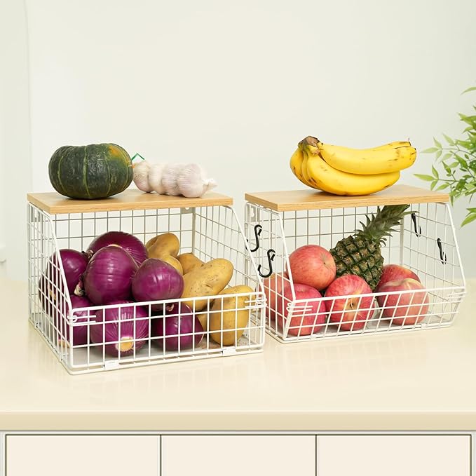 White Fruit Bowl, 2-Tier Fruit Basket for Kitchen Counter, Stackable Wall Mounted Veggie Storage, Snack Organizer, Potato and Onion Storage Basket, Hanging Pantry Organizer with Wood Lid, 2 Set-Ruum Studio Home
