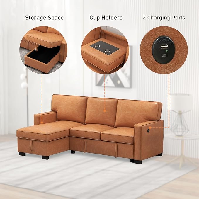 EBELLO Convertible Sleeper Sofa 3 in 1, Faux Leather Modern L-Shaped Couches for Living Room, Pull Out Sectional Futon Sofa Bed with Storage Space, USB Ports and Cup Holders for Bedroom, Brown-Ruum Studio Home