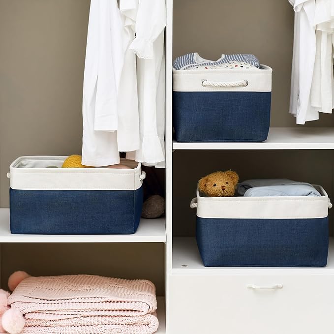 Organization and Storage Basket for Shelves - 16x12x8 inch Large 3 Pack Canvas Storage Bin Collapsible Baskets for Organizing, Fabric Storage Cubes for Cloth Laundry (White&Deep Blue)-Ruum Studio Home