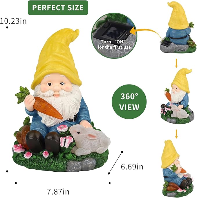 Solar Garden Outdoor Statues Gnome Feeding Rabbit with 6 LED Solar Figurine for Lawn,Patio,Balcony,Yard Decor Unique Housewarming Gift, for Grandfather, Father,Grandma-Ruum Studio Home