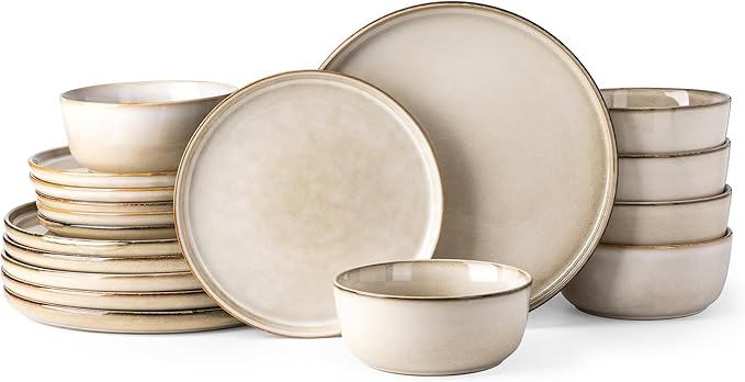 GBHOME Ceramic Dinnerware Sets for 6, 18 Pieces Stoneware Plates and Bowls Sets, Scratch Resistant Dishes, Dishwasher & Microwave Safe, Reactive Glaze-Cappuccino-Ruum Studio Home