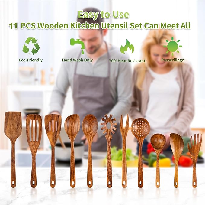 GUDAMAYE 11 PCE Wooden Spoons for Cooking, Wooden Kitchen Utensils Set,Wooden Cooking Utensils,Natural Teak Wooden Spoons For Non-stick Pan-Ruum Studio Home