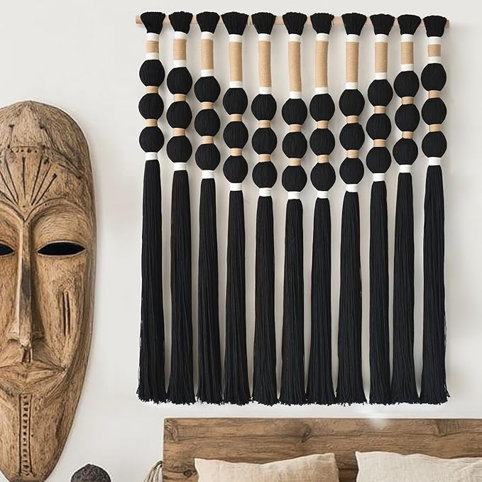 Macrame Wall Hanging Boho Wall Decor Black Fiber Yarn Wall Art Handmade Cotton Spherical Knot for Living Room Bedroom Nursery Office Home Decor27" W x 33" L-Ruum Studio Home