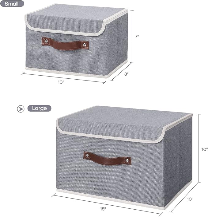 ANMINY Storage Bin with Lid Storage Boxes with PU Leather Handles PP Plastic Board Decorative Foldable Lidded Cotton Linen Fabric Home Cubes Baskets Closet Organizer Container - Gray, Large Size-Ruum Studio Home