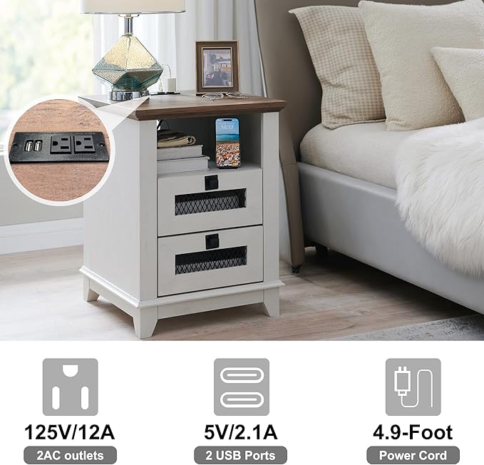 Nightstand with Charging Station,OKD 18'' Industrial & Farmhouse Square End Table w/ 2 Drawers & Open Cubby, Rustic Mesh Drawer Sofa Side Table w/Storage for Bedroom, Living Room Office, Antique White-Ruum Studio Home