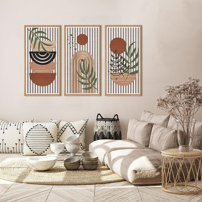 IARTTOP Large Boho Wood Wall Art Framed 16x32 Inch Mid century Modern Wooden Wall Decor Abstract Bohemian Minimalist Art Decor for Bedroom Living Room Office Set of 3-Ruum Studio Home