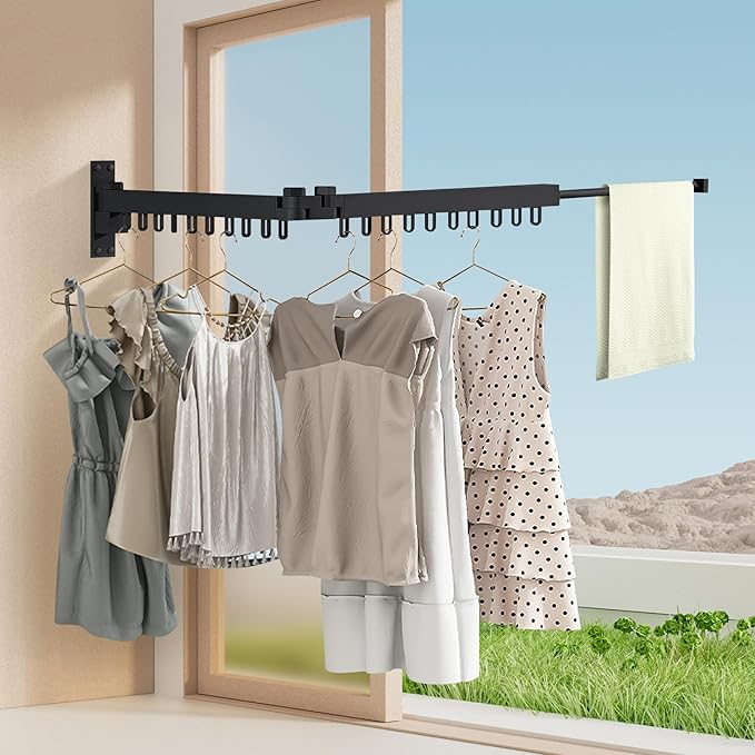 Bakala Clothes Drying Rack Foldable, Laundry Drying Rack Clothing Wall Mounted, Clothing Racks for Hanging Clothes, Heavy-duty Space Saving Hanger,Retractable,Expandable,Collapsible, 64" (Hooks,Black)-Ruum Studio Home