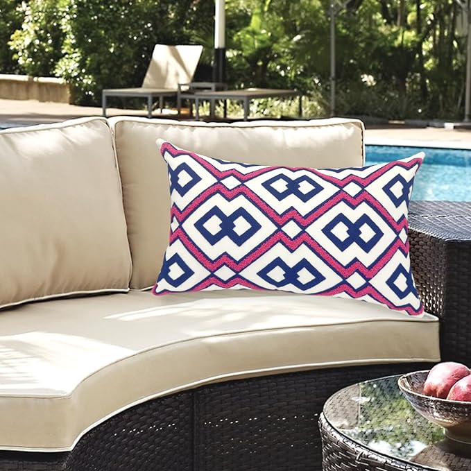 Alysheer Embroidered Lumbar Decorative Throw Pillow Cover 12"x 20", Classic Boho Geometric Embroidery Pattern Cotton Rectangular Cushion Case for Sofa Couch Living Room Bedroom(Blue Pink)-Ruum Studio Home