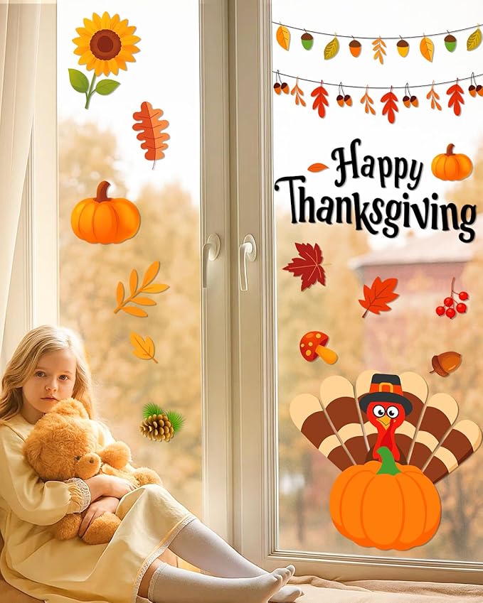 Thanksgiving Window Clings - 9 Sheets 114 Pcs Thanksgiving Decorations for Fall Autumn Harvest Home Party, Pumpkin Leaves Turkey Acorns Stickers for Glass, Double-Sided Static Window Decals-Ruum Studio Home