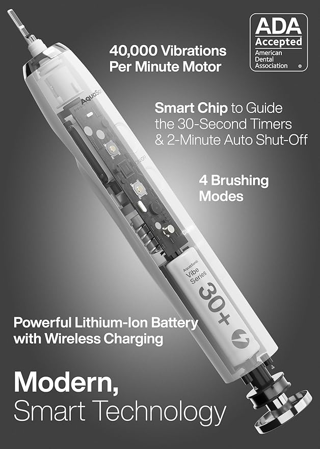 Aquasonic Vibe Series Ultra-Whitening Toothbrush – ADA Accepted Electric Toothbrush - 8 Brush Heads & Travel Case – 40,000 VPM Motor & Wireless Charging - 4 Modes w Smart Timer – Optic White-Ruum Studio Home