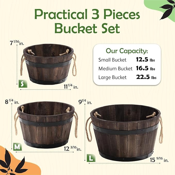 IDZO Set of 3 Wooden Flower Boxes Outdoor, Durable Acacia Wood Barrel Planters for Outdoor Plants with Ergonomic Handles, Drainage Holes, Multiple Sizes Wood Bucket Planter for Home Décor-Ruum Studio Home