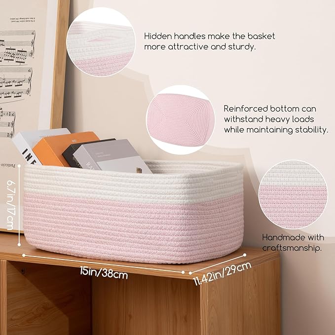Storage Baskets for Organizing 3 Pack, Woven Baskets for Shelves, Closet Organizer Bins Empty Gift Basket Toy Storage for Toys, Books, Towels, Clothes, 15"x11.42"x6.7", Pink-Ruum Studio Home