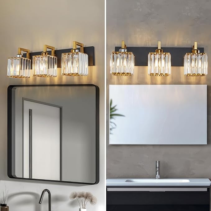 Modern Bathroom Vanity Light 3-Lights Black Gold Crystal Wall Lamp Bathroom Modern Crystal Vanity Lighting-Ruum Studio Home