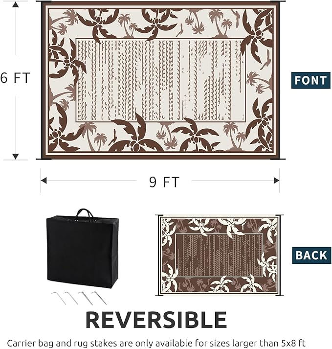 COCOER Outdoor-Rug 6x9 ft Waterproof Reversible Outdoor Plastic Straw Rug RV Indoor Outdoor Carpet Quick Dry Patio Rug Camping Mat for Balcony Backyard Picnic Beach-Brown&Beige-Ruum Studio Home