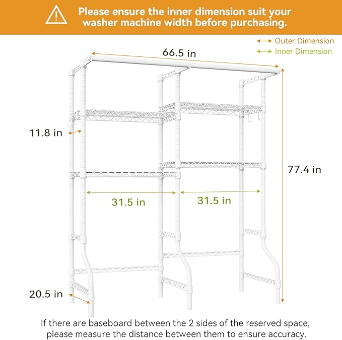 U14 Over Washer and Dryer Storage Shelves, 4 Tiers Laundry Room Storage and Organizer System, Space Saving Clothes Drying Rack with 2 Clothes Hanger Rods, 66.5" W x 20.5" D x 77.4" H, White-Ruum Studio Home