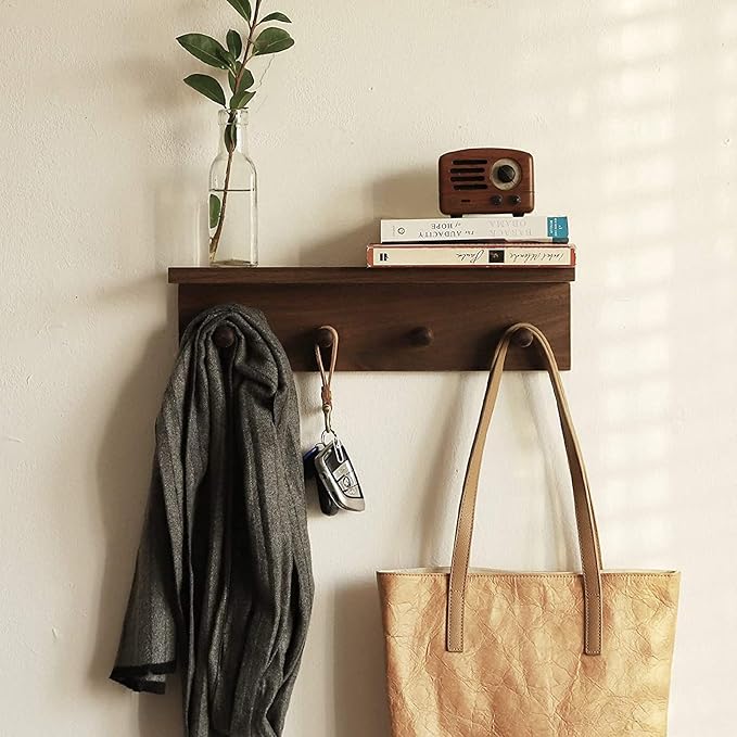 Entrance Coat Rack ，Coat Hooks, Wall-Mounted Wooden Hook Rack, Wall-Mounted Shelves are Very Suitable (Walnut Colored Finish-2)-Ruum Studio Home