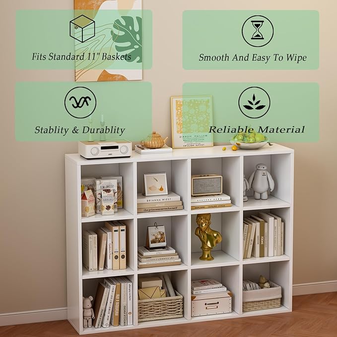 12-Cube Storage Shelf Bookcase - Wooden 3-Tier Floor Standing Open Bookshelf for Home and Office, Display Cabinet, Warm White-Ruum Studio Home