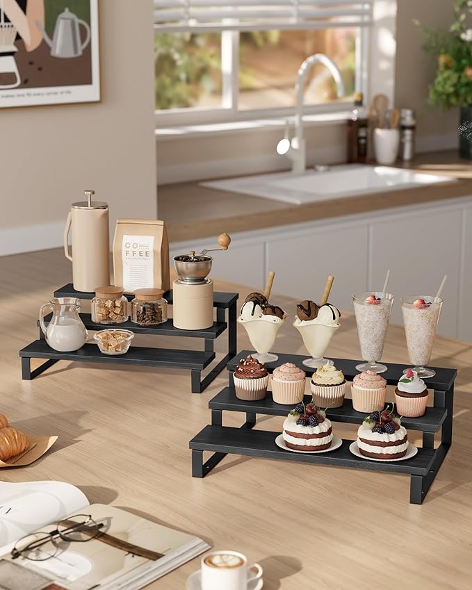 SONGMICS Display Risers, Set of 2 Engineered Wood Perfume Organizer Stand, 3-Tier Cupcake Stand Holder, Spice Rack, Shelf Risers for Figures, Dessert Shelves, Ebony Black and Ink Black UKCS116B01-Ruum Studio Home