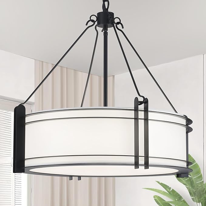 20.4''Drum Chandelier,5-Light Fabric Modern Chandeliers,Black Farmhouse Round Pendant Light Fixture for Dining Room Kitchen Island Living Room Bedroom Hallway-Ruum Studio Home