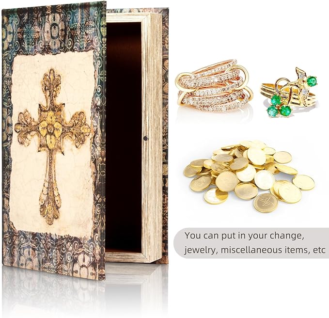 Vintage Style Wooden Decorative Book Box - Faux Leather, Christian Cross Pattern, Gift Idea-Ruum Studio Home