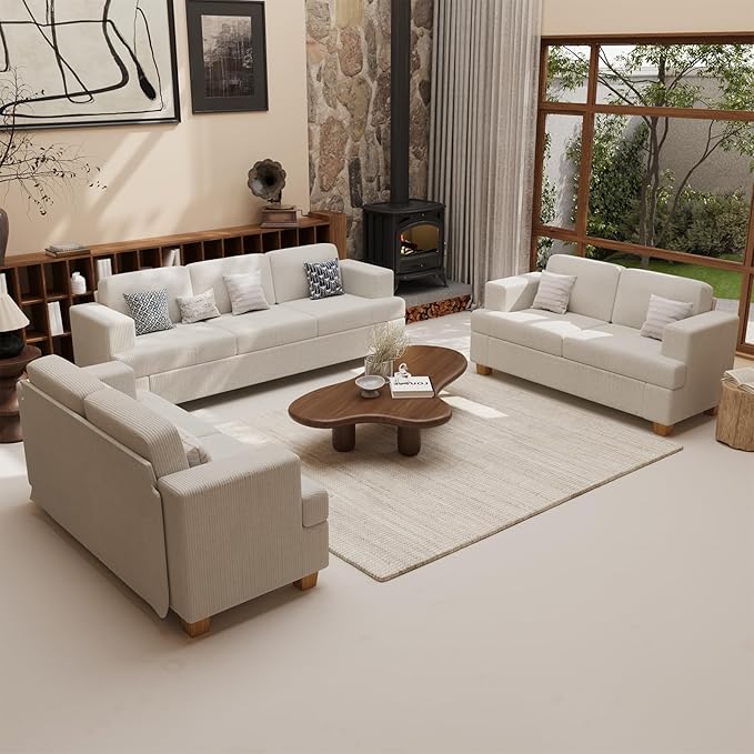 2 Pieces Corduroy Couch Set for Living Room, 5 Seats Cloud Sofa, Deep Seat Floor Couch for Bedroom, Futon Modern Sofa Bed, White Corduroy-Ruum Studio Home