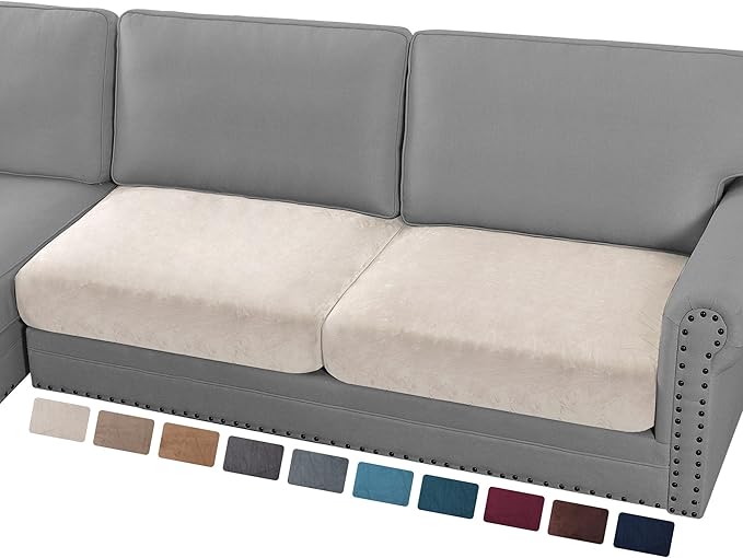 PrinceDeco Velvet Couch Cushion Cover Soft Stretch Cushion Slipcover for Chair Loveseat Sofa Cushion Furniture Protector Seat Cushion Sofa Cover (2 Piece Large Sofa Cushion Covers, Ivory)-Ruum Studio Home
