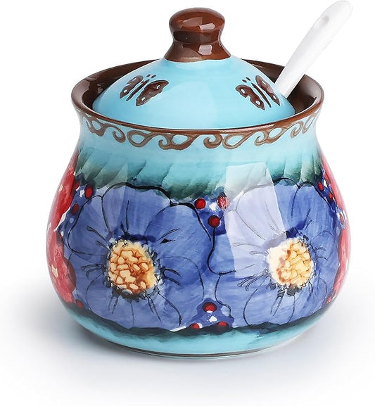 silesia Handmade Sugar Bowl with Lid and Spoon, 9 Ounce Ceramic Hand-Painted Sugar Jar for Home in Gift Box, Kitchen Decor, Oven, Dishwasher & Microwave Safe, Glazed Blue-Ruum Studio Home