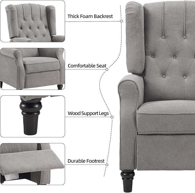 EBELLO 2 Pcs Pushback Recliner Chairs, Fabric Armchair Push Back Recliner with Rivet Decoration, Single Sofa Accent Chair for Living Room, Bedroom, Grey-Ruum Studio Home
